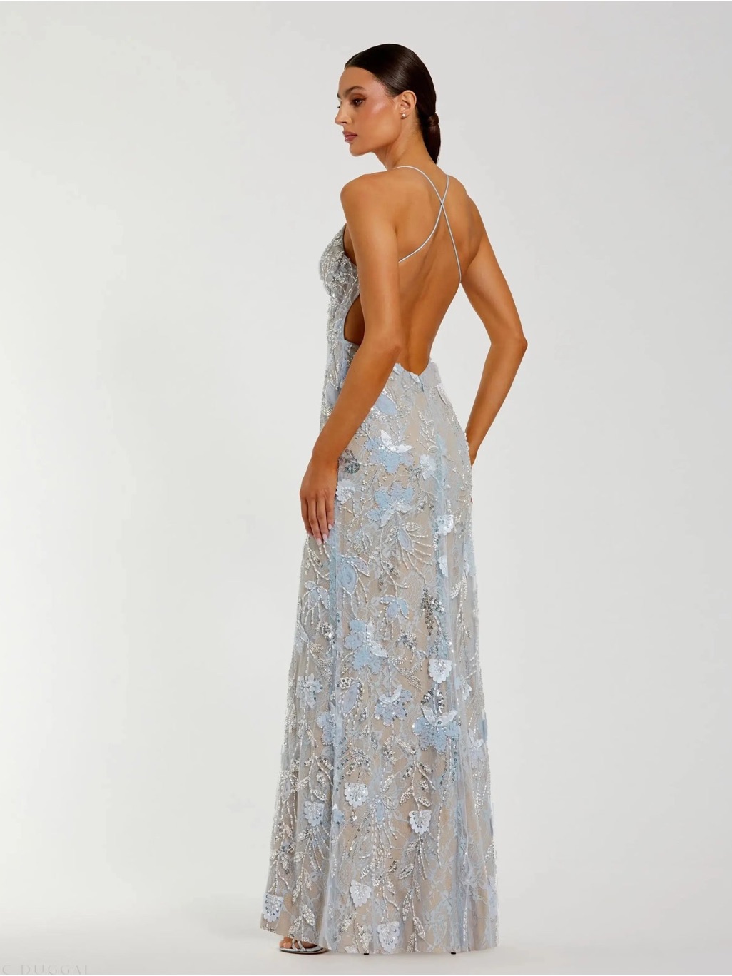 Nwot Mac Duggal Blue Size 4 Sleeveless Sequin Beaded Open Back Column Gown Flaw — image 3 of 8